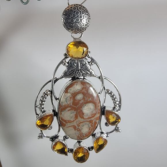 Leopard Jasper Pendant Necklace – With Citrine Accents + 20" Silver Chain - Picture 1 of 10